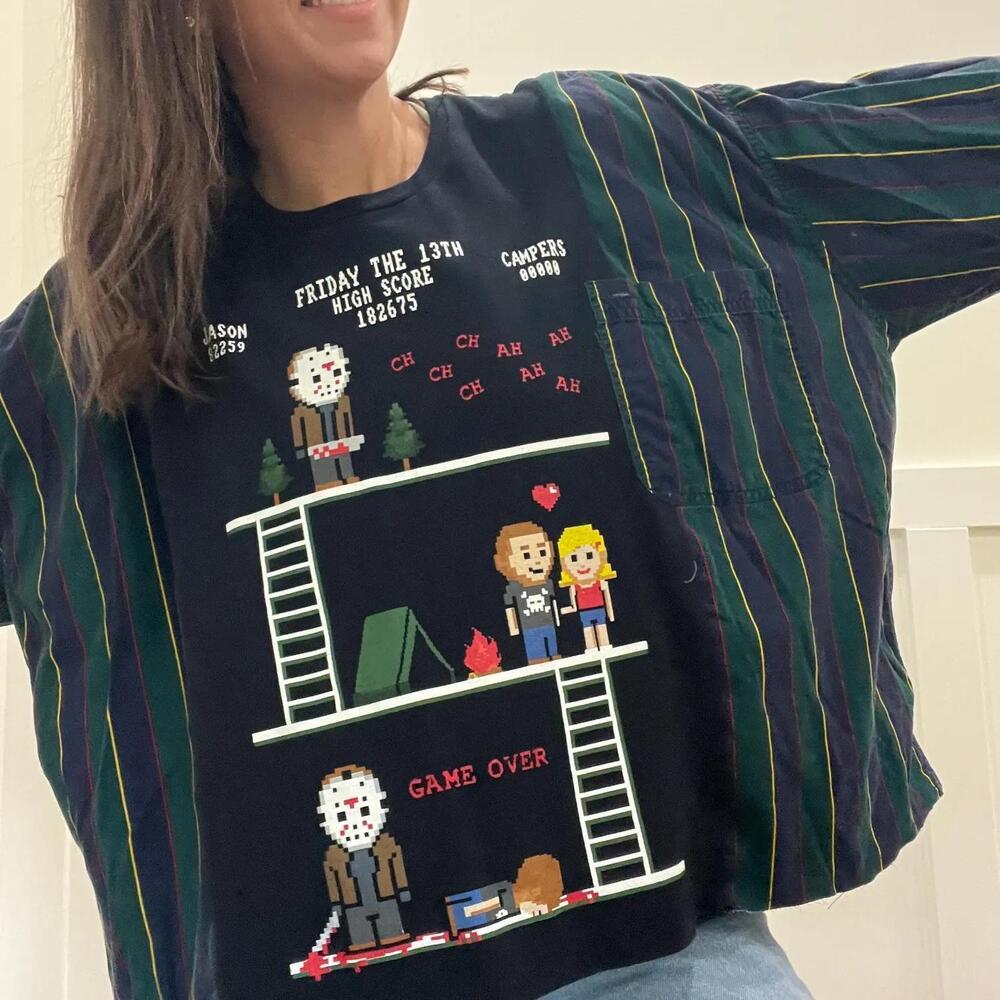 Friday The 13Th Gamer Upcycled Flannel Shirt Jason Vs Campers Halloween Shirt
